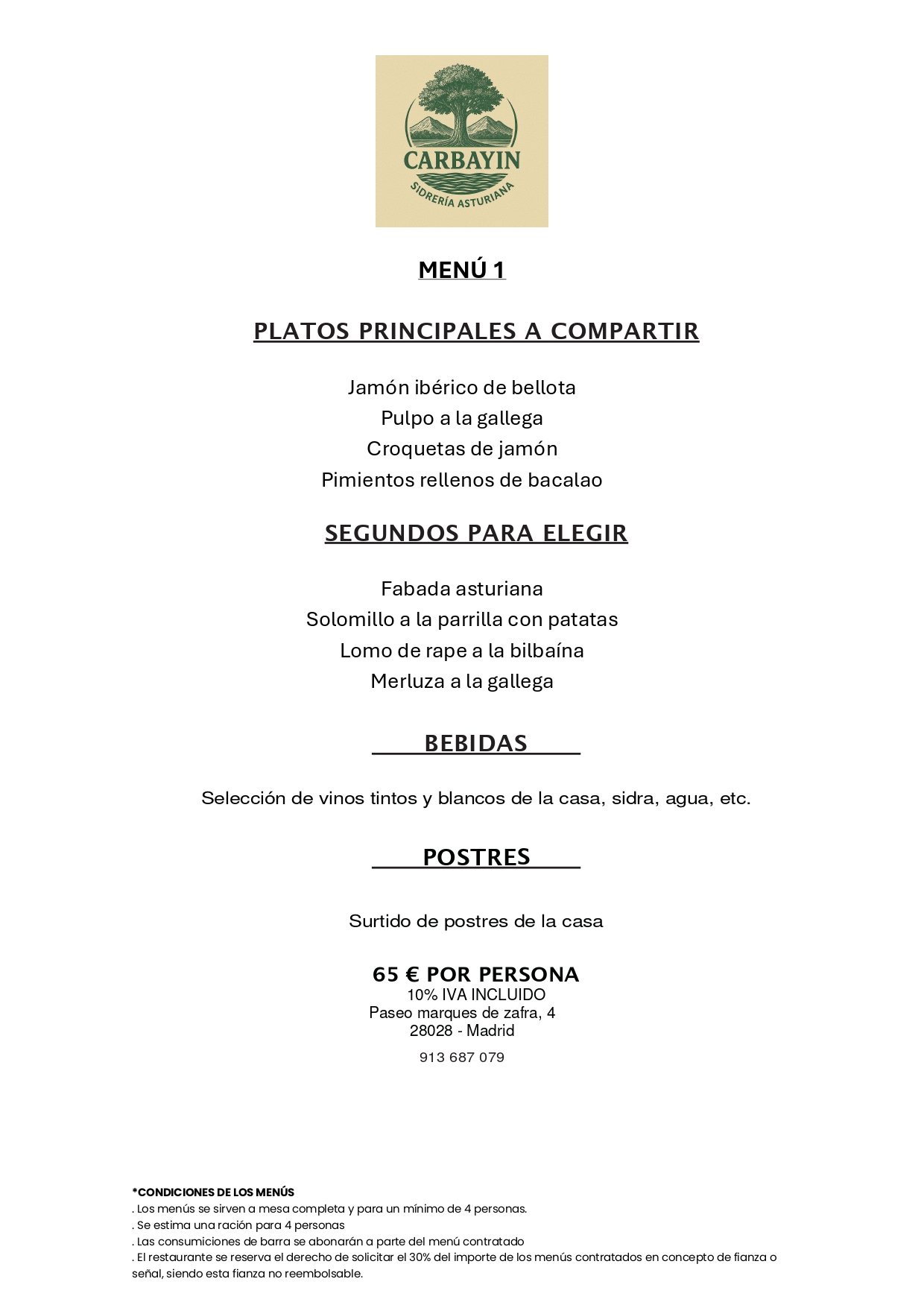 Menú para grupos 1 | Restaurante Sidrería Asturiano Carbayin Madrid Manuel Becerra, Ventas y Fuente del Berro