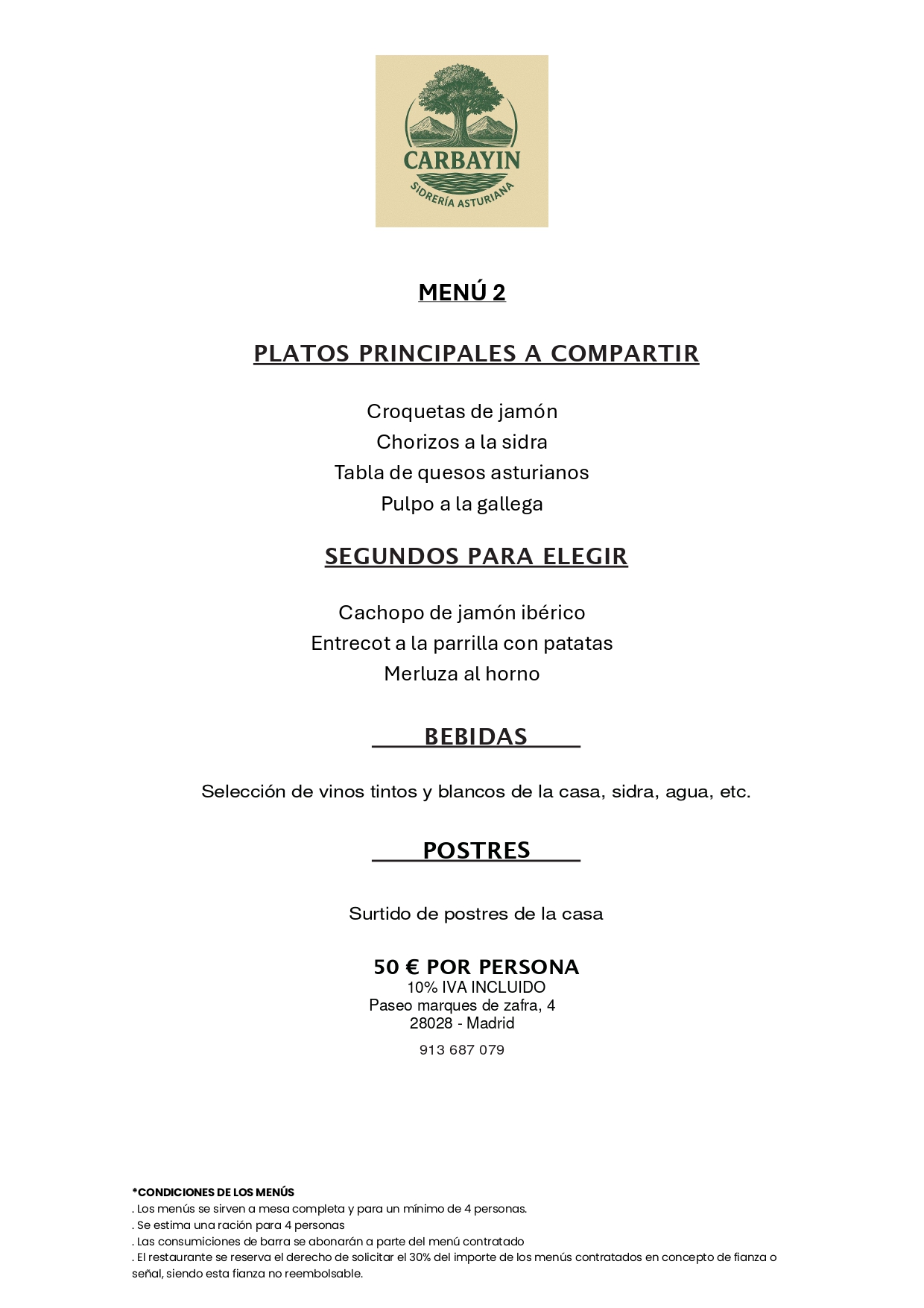 Menú para grupos 2 | Restaurante Sidrería Asturiano Carbayin Madrid Manuel Becerra, Ventas y Fuente del Berro