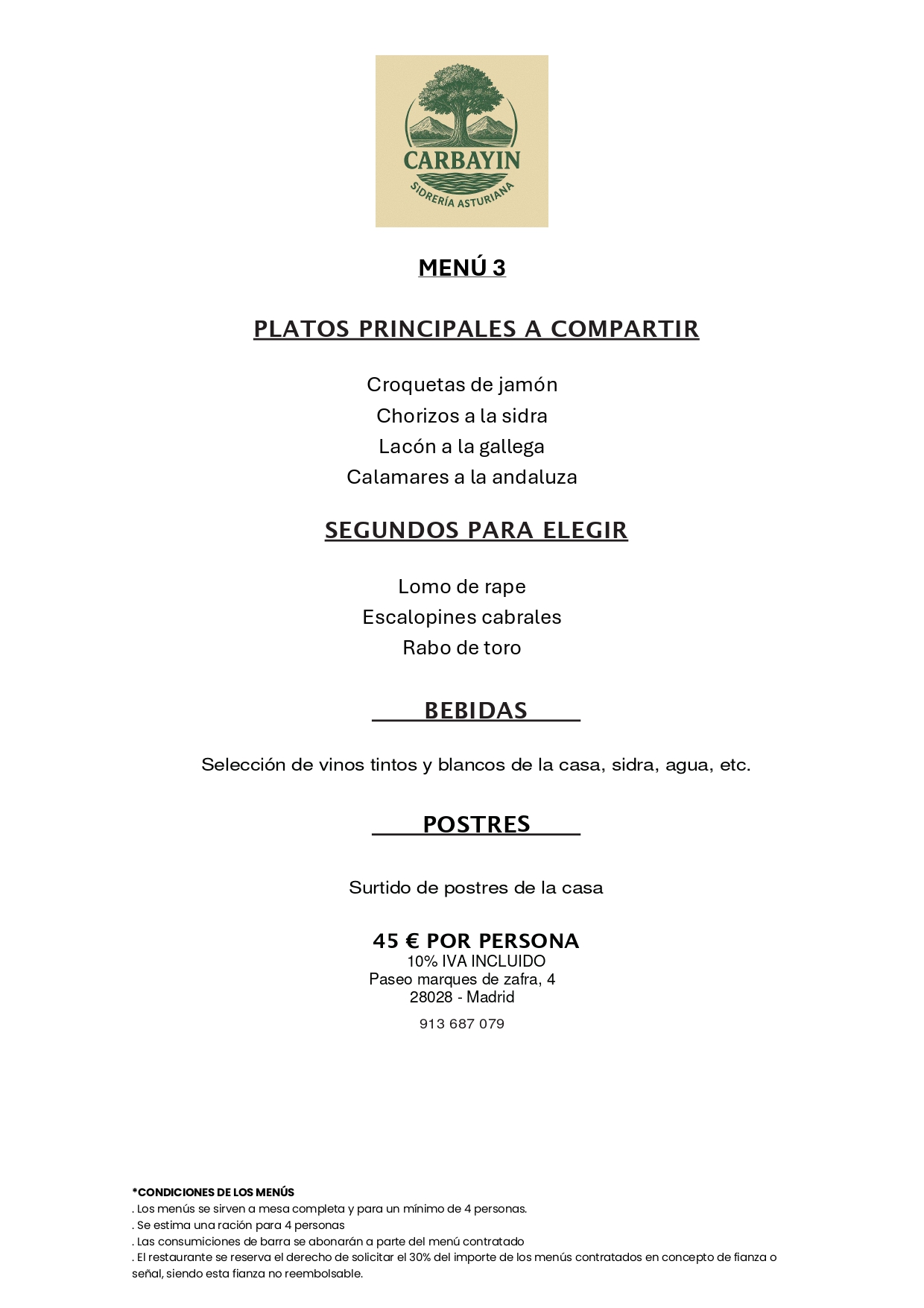 Menú para grupos 3 | Restaurante Sidrería Asturiano Carbayin Madrid Manuel Becerra, Ventas y Fuente del Berro